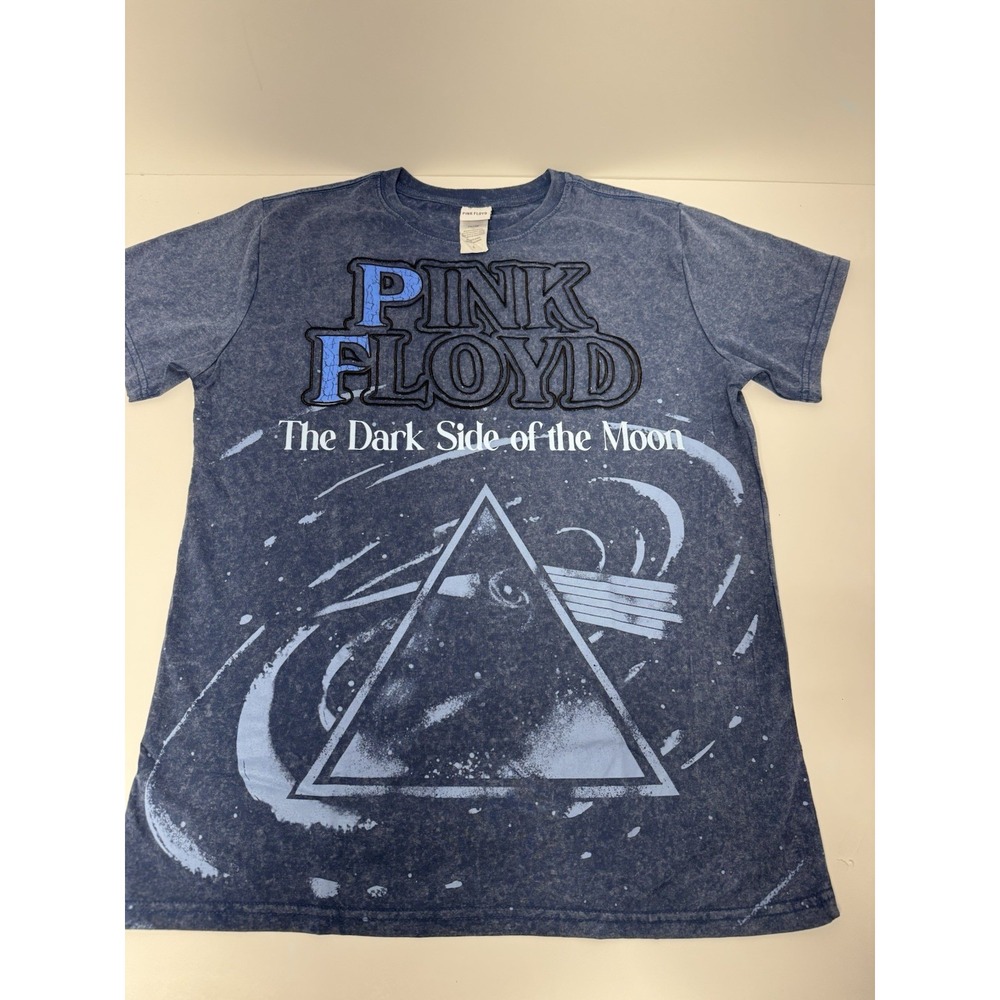 Pink Floyd Dark Side of the Moon Embroidered Logo T-Shirt L Blue Acid Wash